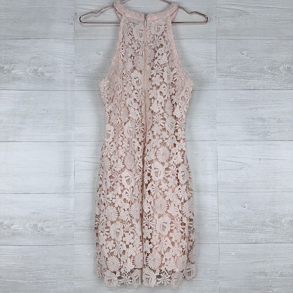 Lulus Cheers to Love Skater Mini Dress Women Medium Halter Neck Lace Blush Pink - Picture 2 of 16